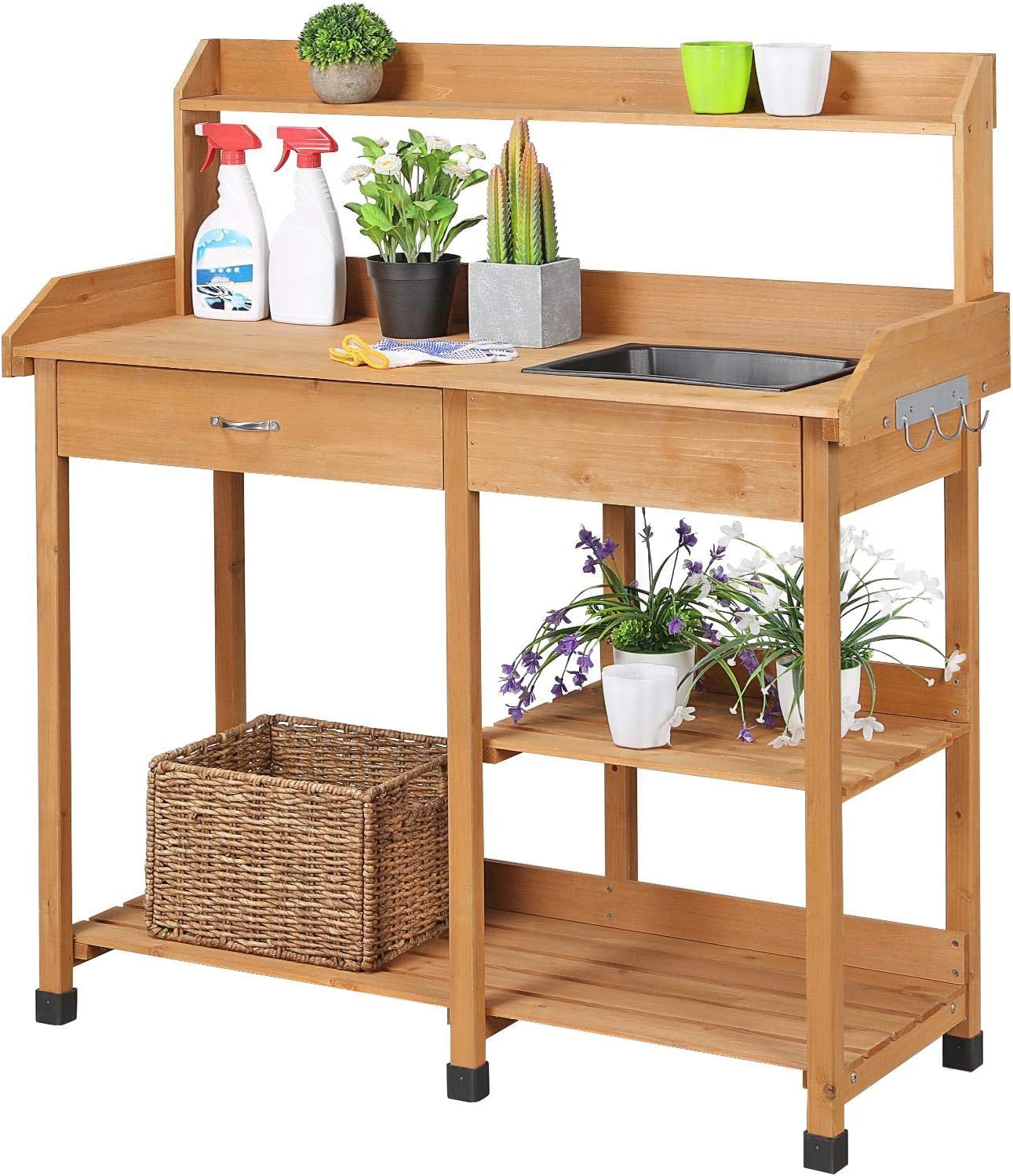 Gardening Tools Wooden - Pottingbank met gootsteen & lade, tuinwerktafel