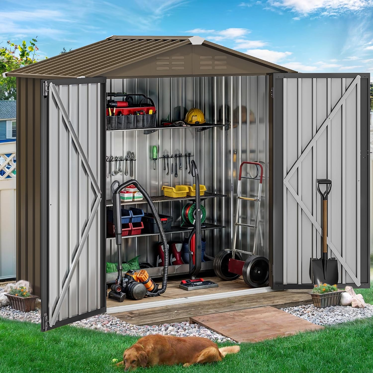 6x4ft Metalen Buitenberging, W - Gardening Tools Set recensie en prijs